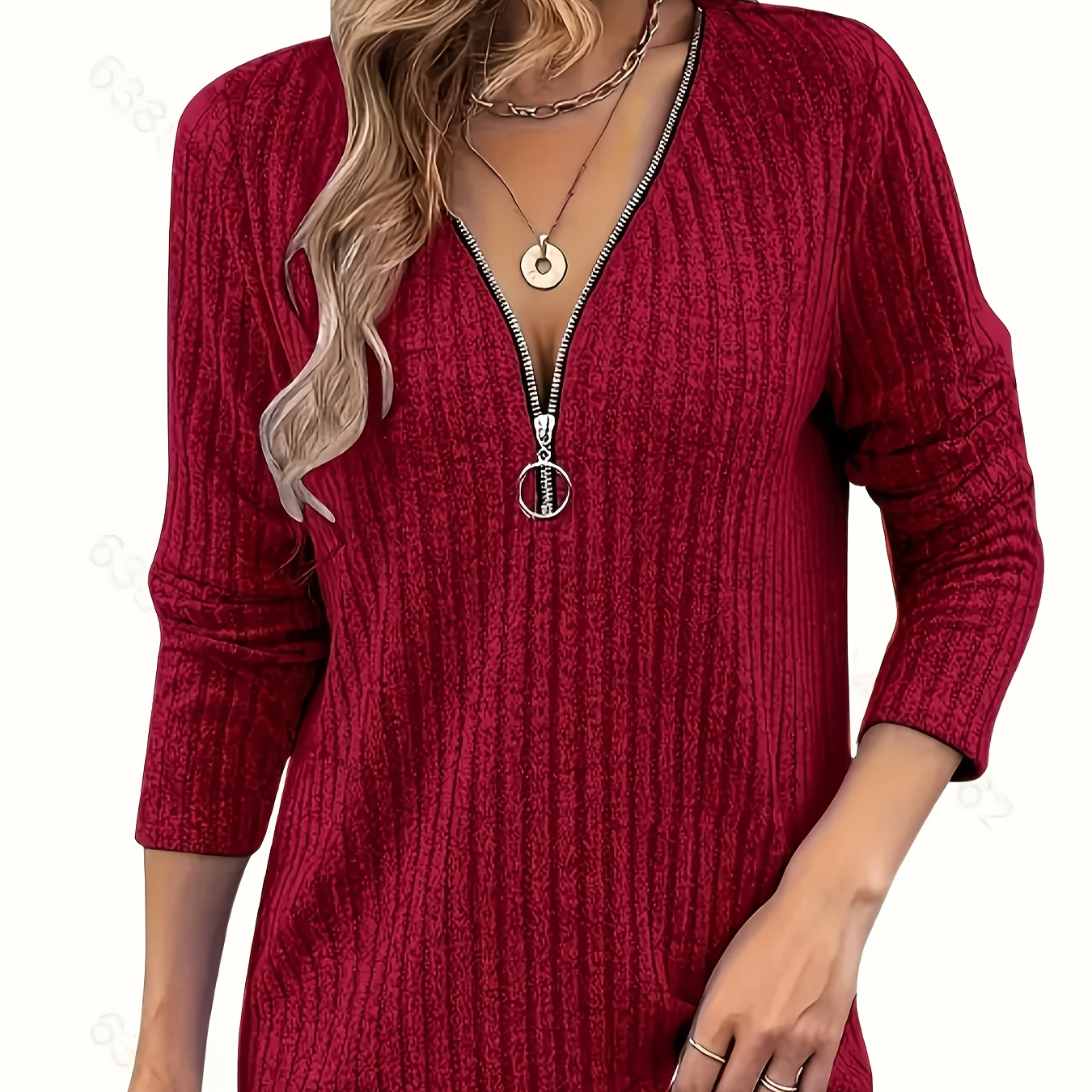 

Women's Elegant Solid Color V-neck Zipper Long Sleeve Tunic Dress, Polyester 95% Spandex 5% Knit Fabric, Medium Stretch, H-fit, Midi Length For Spring/fall Season