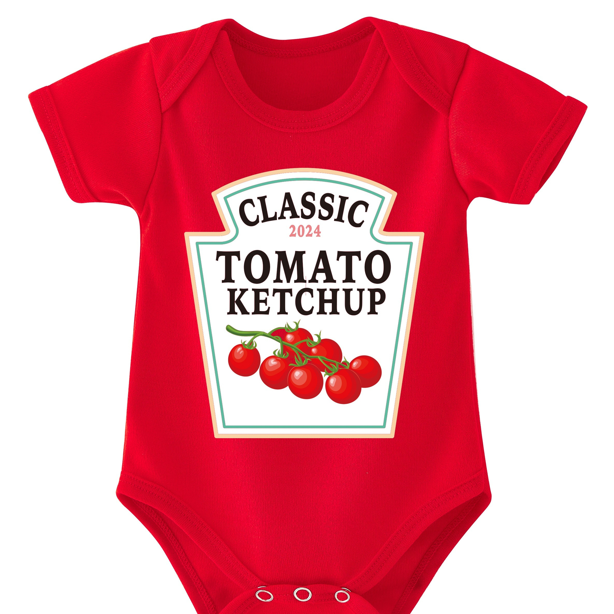

" Classic Tomato Ketchup " Stylish Letter Print Newborn Onesie, Summer Short Sleeve Baby Triangle Romper, Cartoon Tomato Sauce Pattern Infant Triangle Puffer Coat, Pregnancy Gift