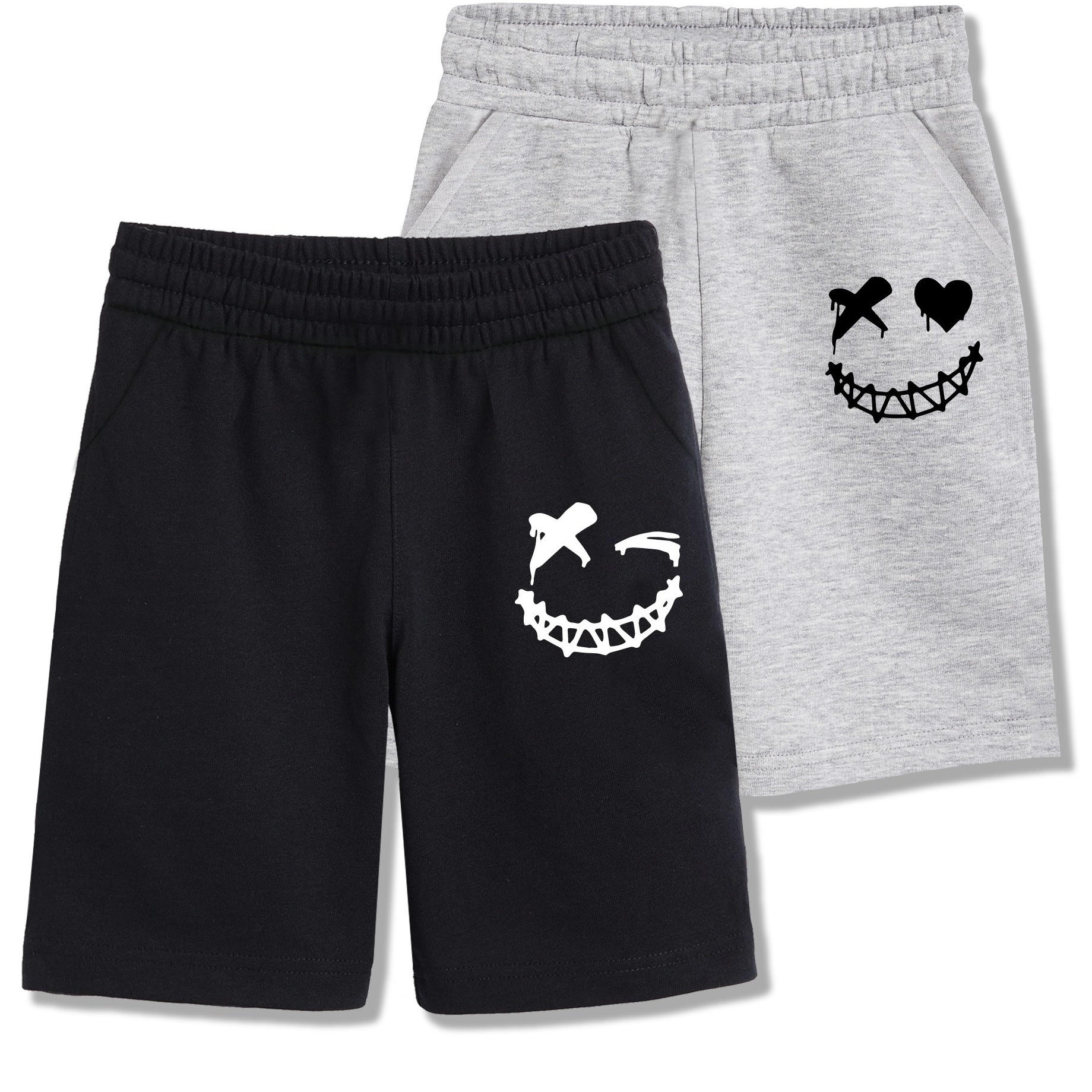 

2pcs Boy's Smiling Face Pattern Comfortable Shorts Elastic Waist Casual Spring Summer Sports Shorts