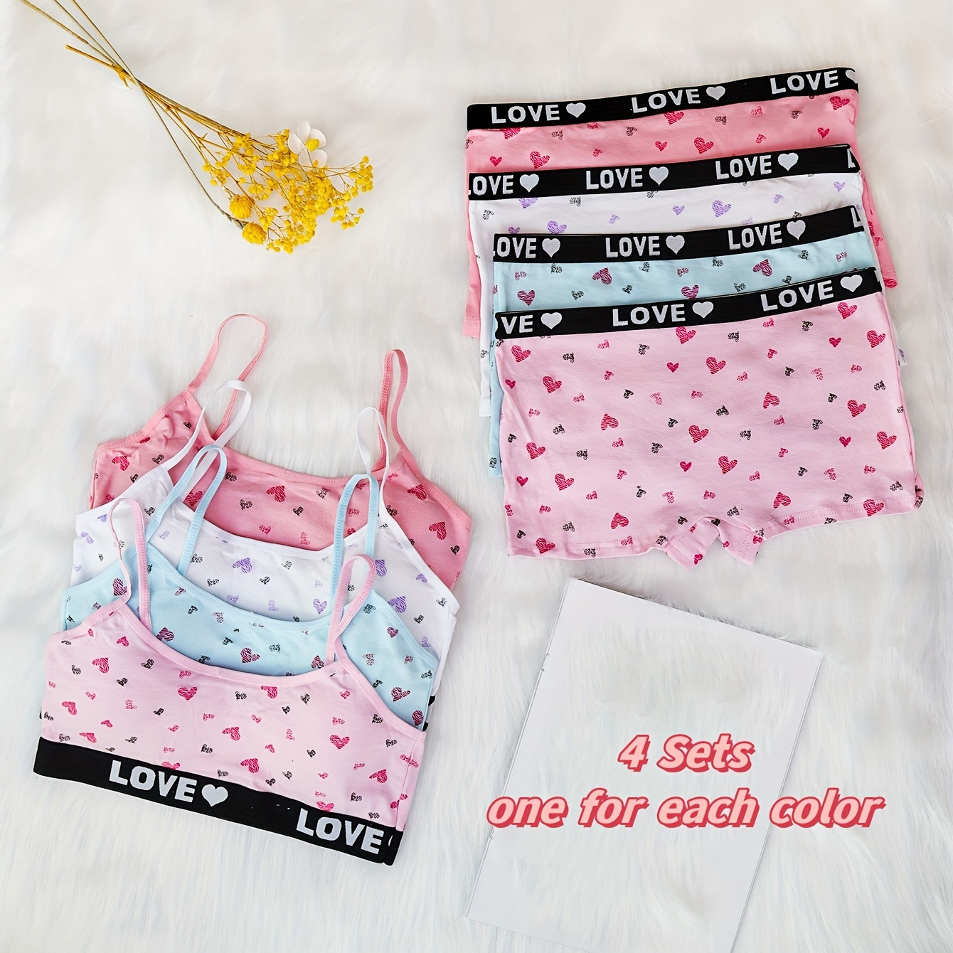 

8pcs Girls Bralette + Boxer Briefs Set, High Elasticity, Breathable And Comfortable Material, Cute Love Pattern Girls Underwear Set For 12-16 Y