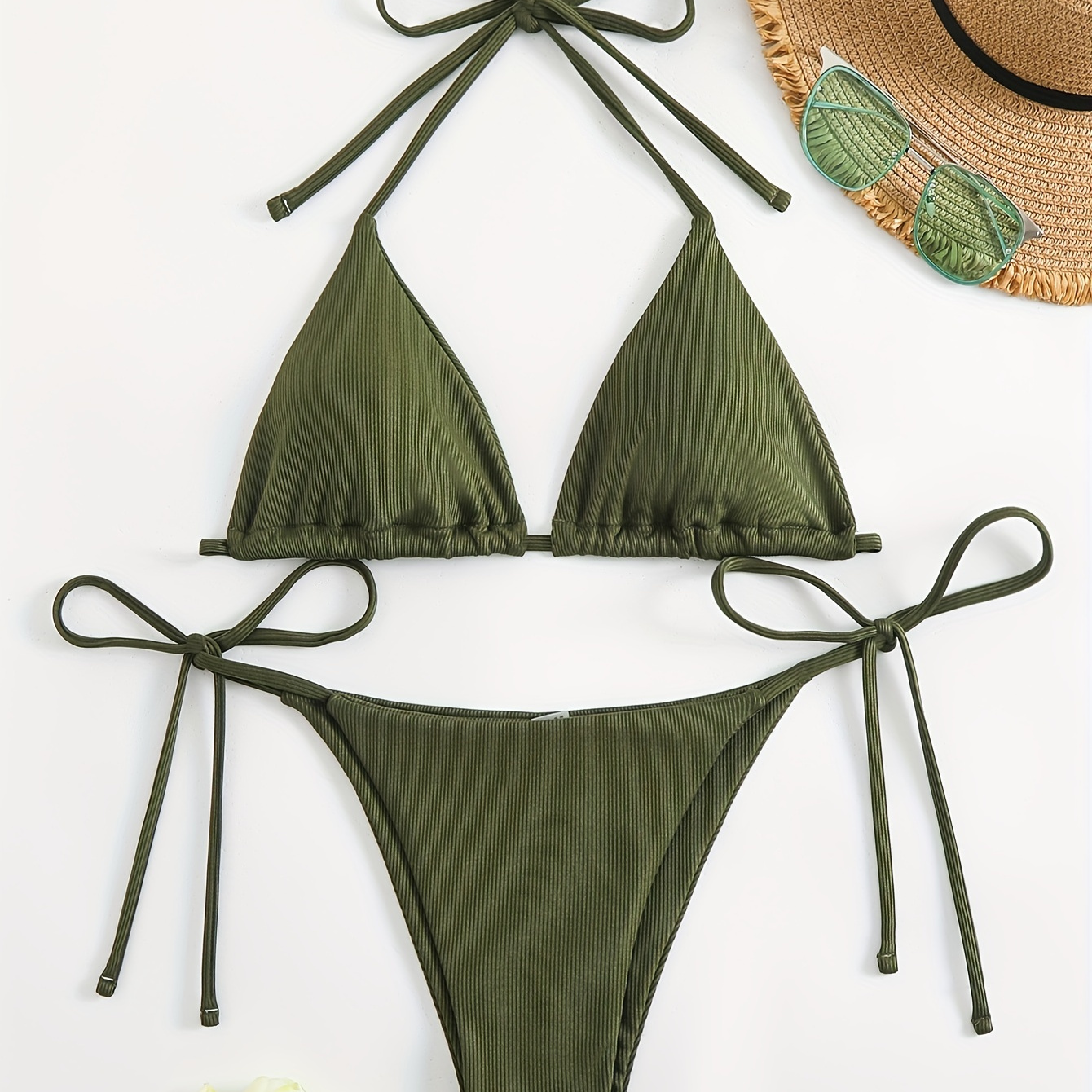 

Ensemble 2 pièces Triangle de couleur unie, maillot de bain dos nu, dos nu, cravate sur le , coupe haute, maillots de bain et vêtements pour femmes