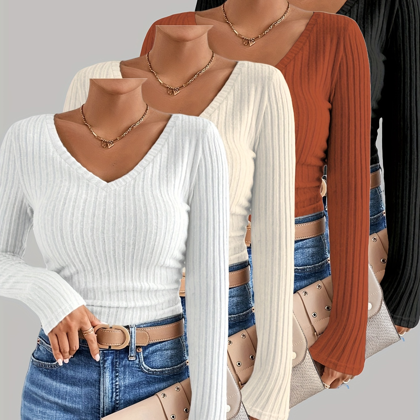 

New Women's Autumn And Winter Solid Color V-neck Long Sleeve T-shirt Four-piece Set