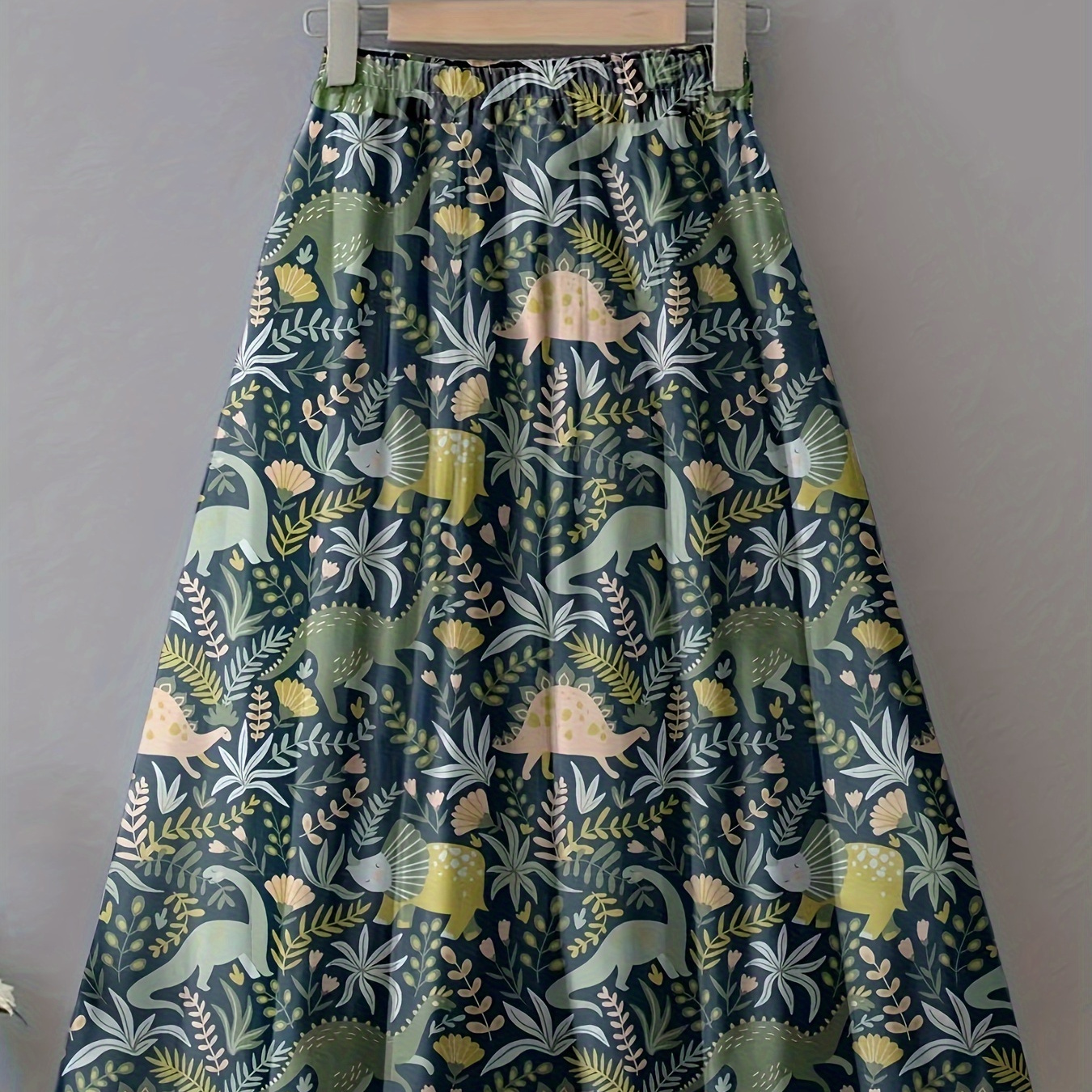 

Dinosaur & Plant Print Pleated Skirt, Casual Elastic Waist Midi Skirt For Spring & Summer, Women's Clothing