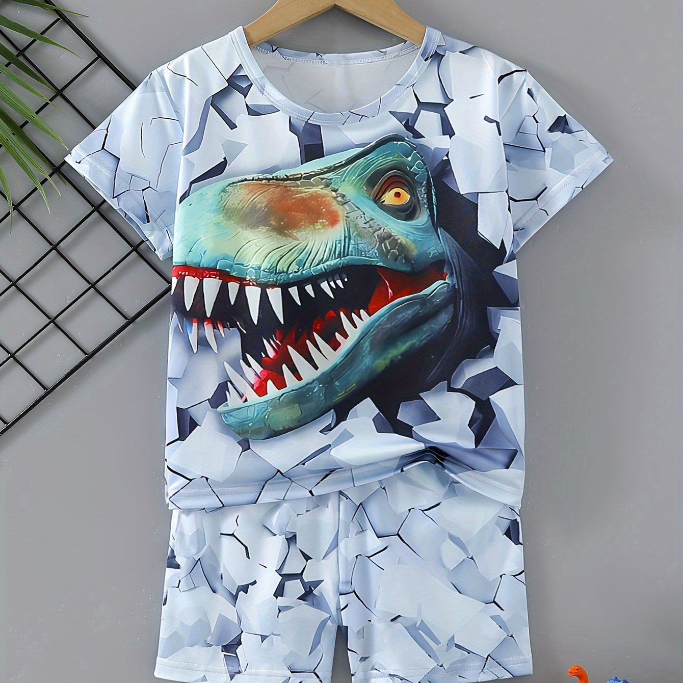 

2pcs Boy's Cartoon Dino Print Short-sleeve Outfit, Easter Day Boys Outfit, Crew Neck T-shirt & Comfy Shorts Set, Boys Clothes For Summer
