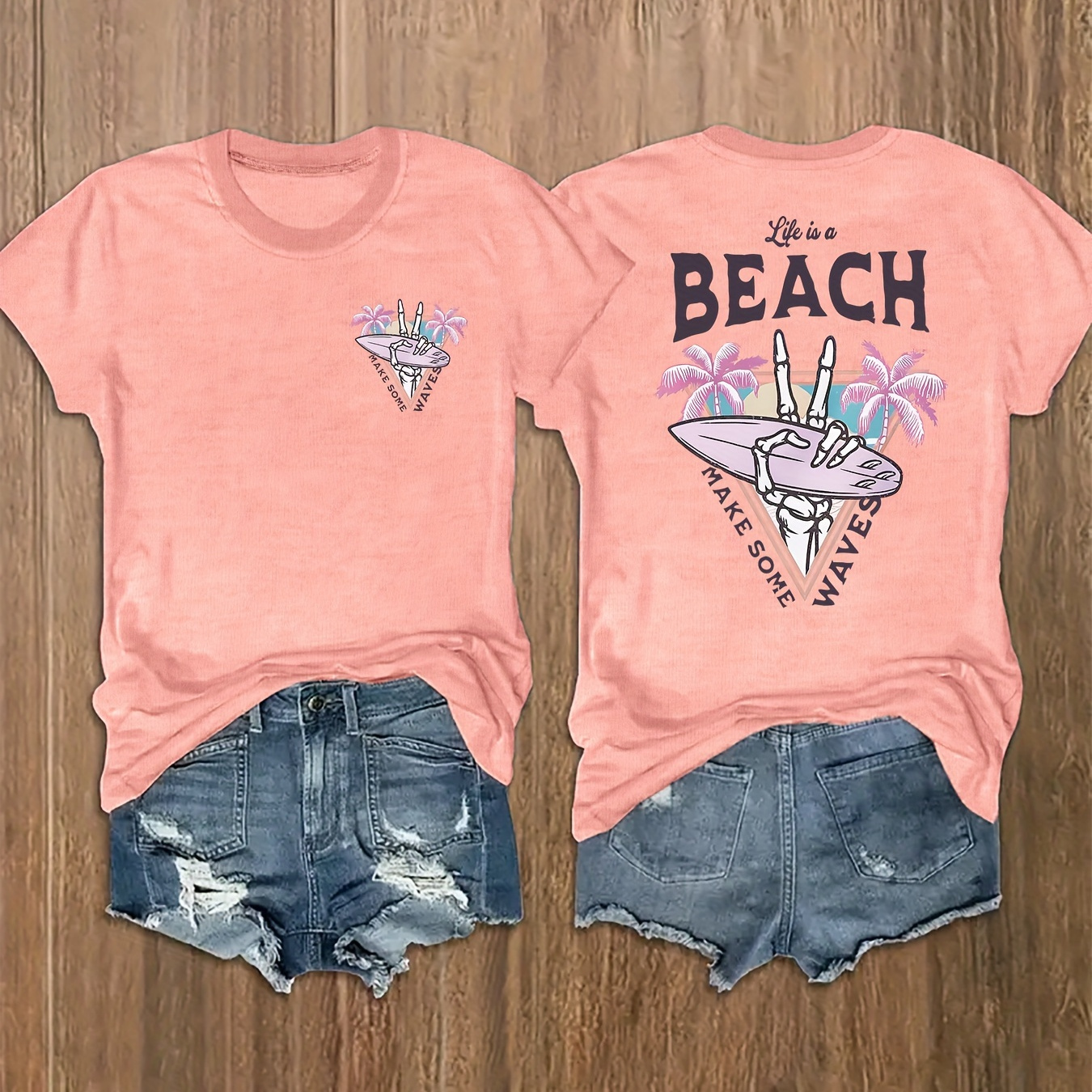 

1pc Women's Casual Beach Graphic T-shirt, Polyester Crew Neck Short Sleeve Top, Knit Fabric Summer & Spring Tee With