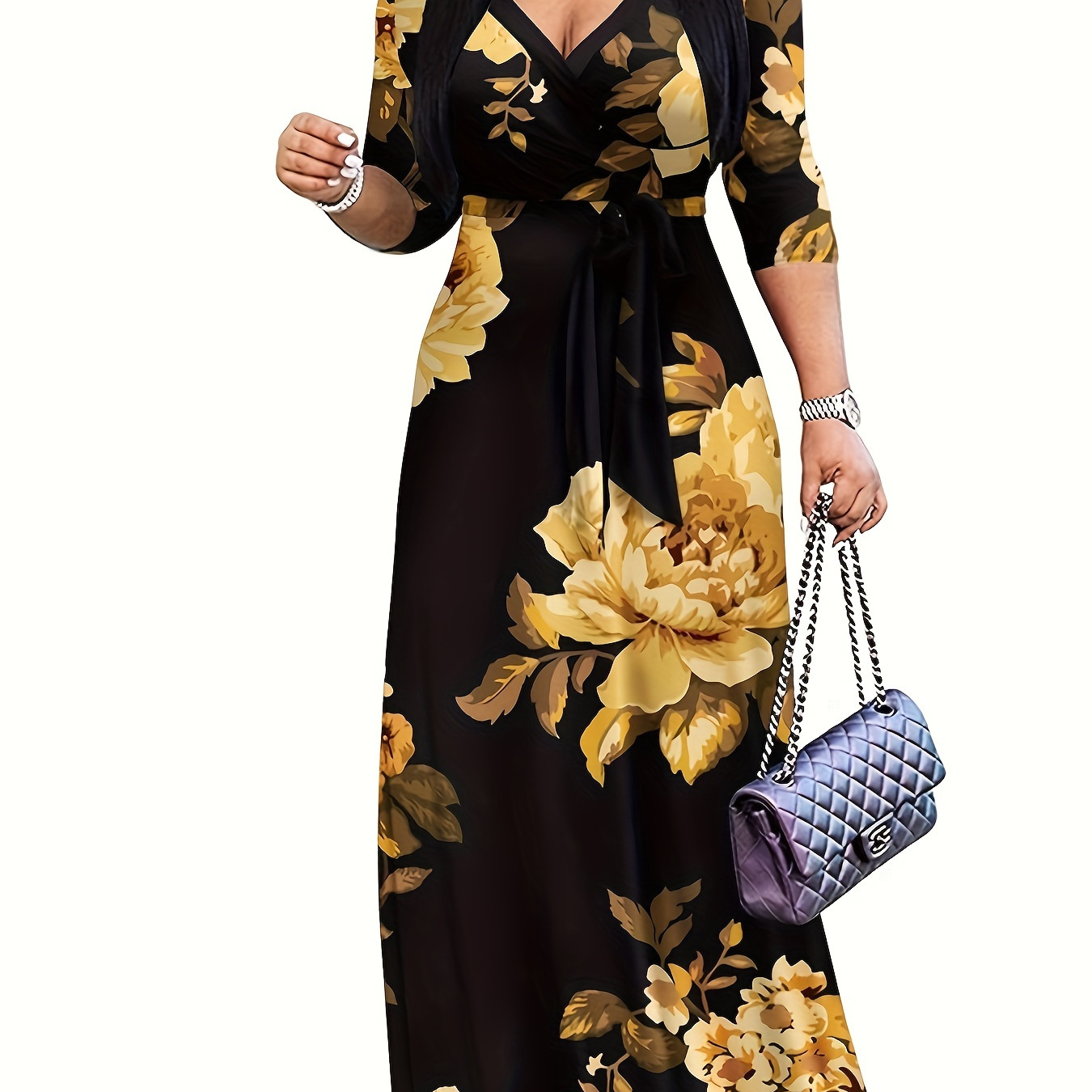 

Robe maxi imprimée florale femme, à manches longues et en V, mode printemps/été, polyester, style sexy, avec ceinture, toutes , taille adulte, tissu tricoté