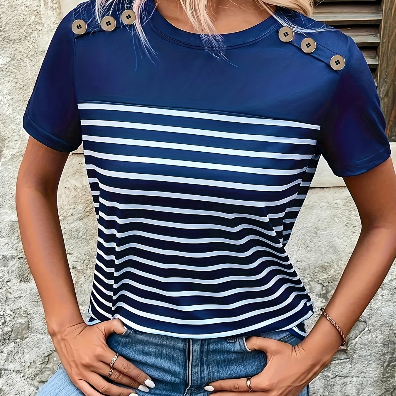 

Women's Chic Navy & White Striped T-shirt - Casual Round Neck, Short Sleeve With Decorative Buttons - Lightweight Polyester For Spring/, Tshirt|round Neckline| Fabric