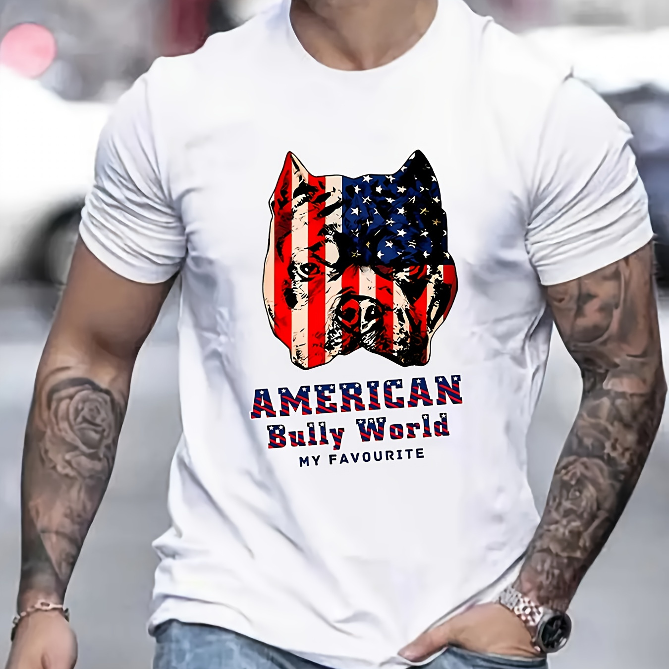 

American Bully World Print T Shirt, Tees For Men, Casual Short Sleeve T-shirt For Summer