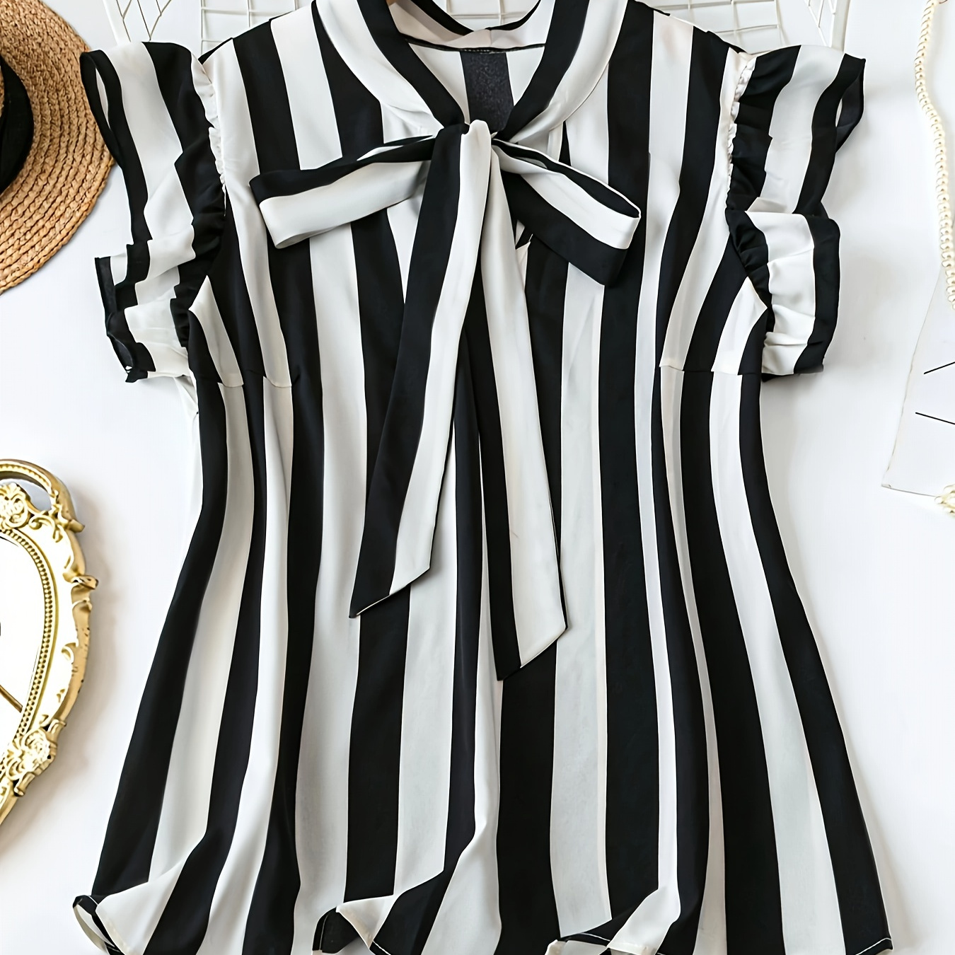 TEMU Plus Size Women's Summer New Loose Striped Print Tie-neck Ruffle Sleeve Blouse