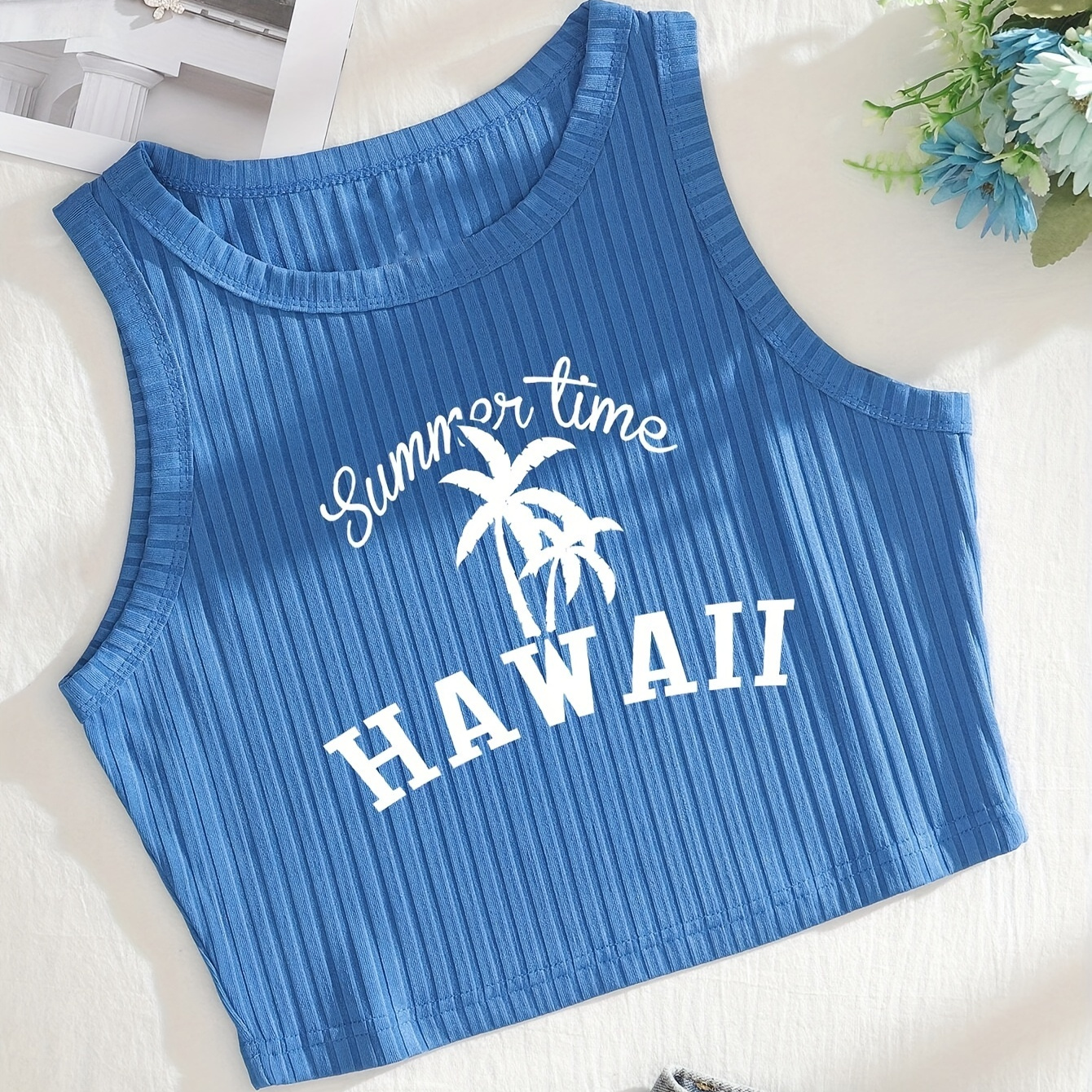 

Hawaii Print Crop Tank Top, Casual Crew Neck Tank Top For Summer, Women's Clothing