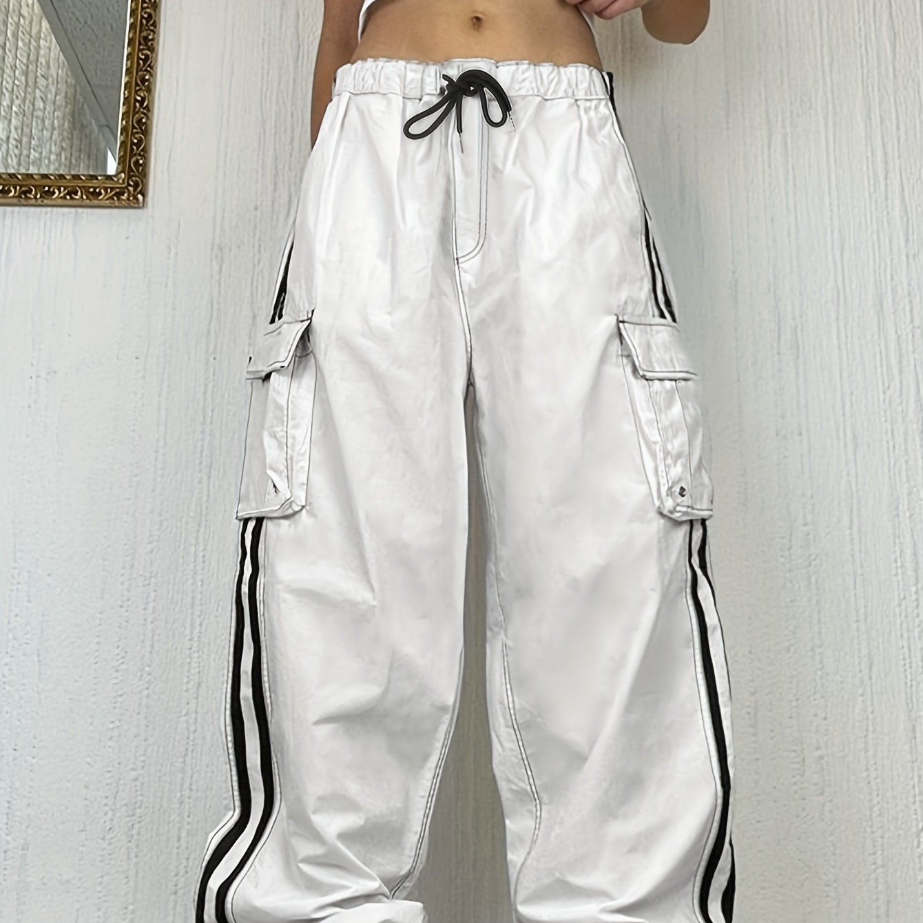 

Y2k Striped Side Cargo Pants, Casual Streetwear Hip-hop Drawstring Flap Pocket Pants For Spring & Fall, Women's Clothing