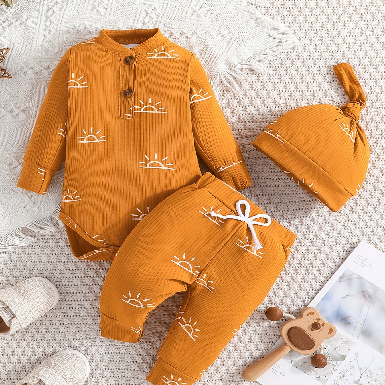 

Infant Baby Boy Clothes Ribbed Knitted Sun Print Long Sleeve Romper Tops + Pants + Hat 3 Pcs Outfits