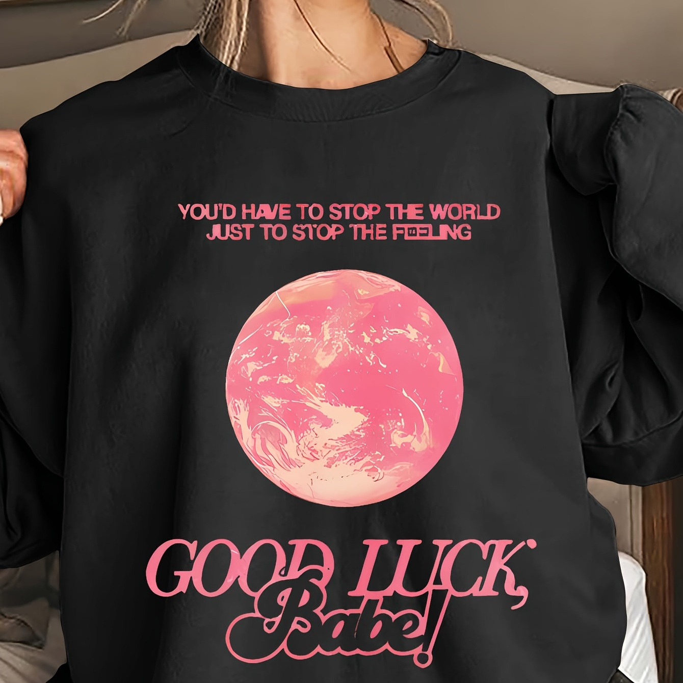 

Good Luck Graphic Print Sweatshirt, Crew Neck Casual Sweatshirt For Winter & Fall, Women's Clothing