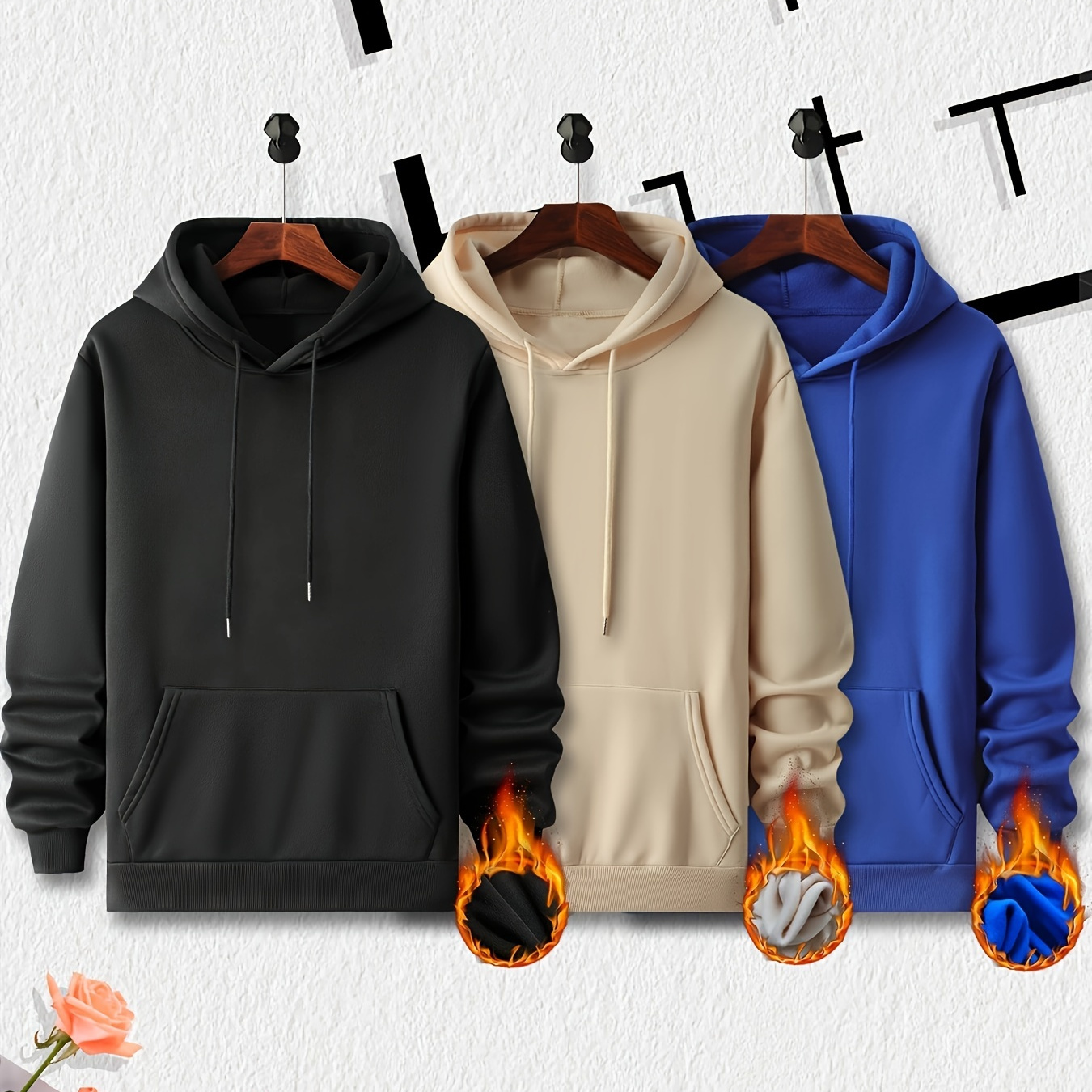 

3pcs Cool Hoodies For Men, Men's Casual Solid Hooded Sweatshirt Streetwear For Winter Fall, As Gifts