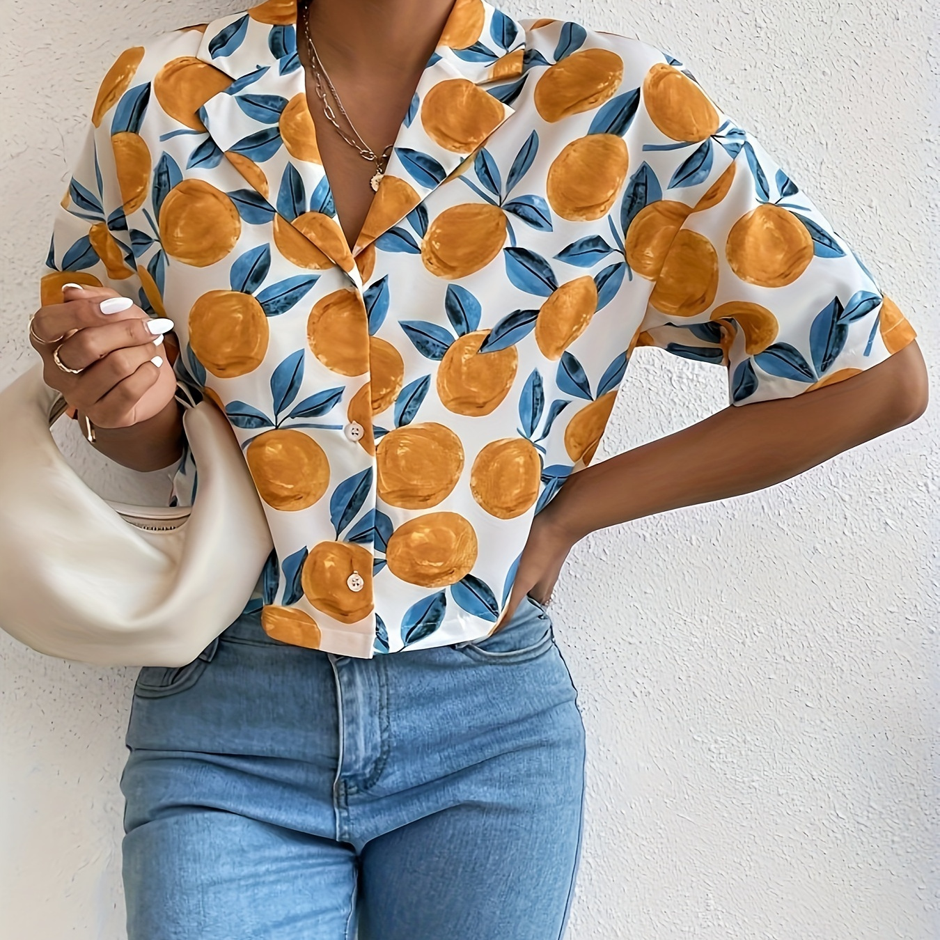 

Fruit Print Button Crop Blouse, Casual Short Sleeve Blouse For Spring & Summer, Women's Clothing