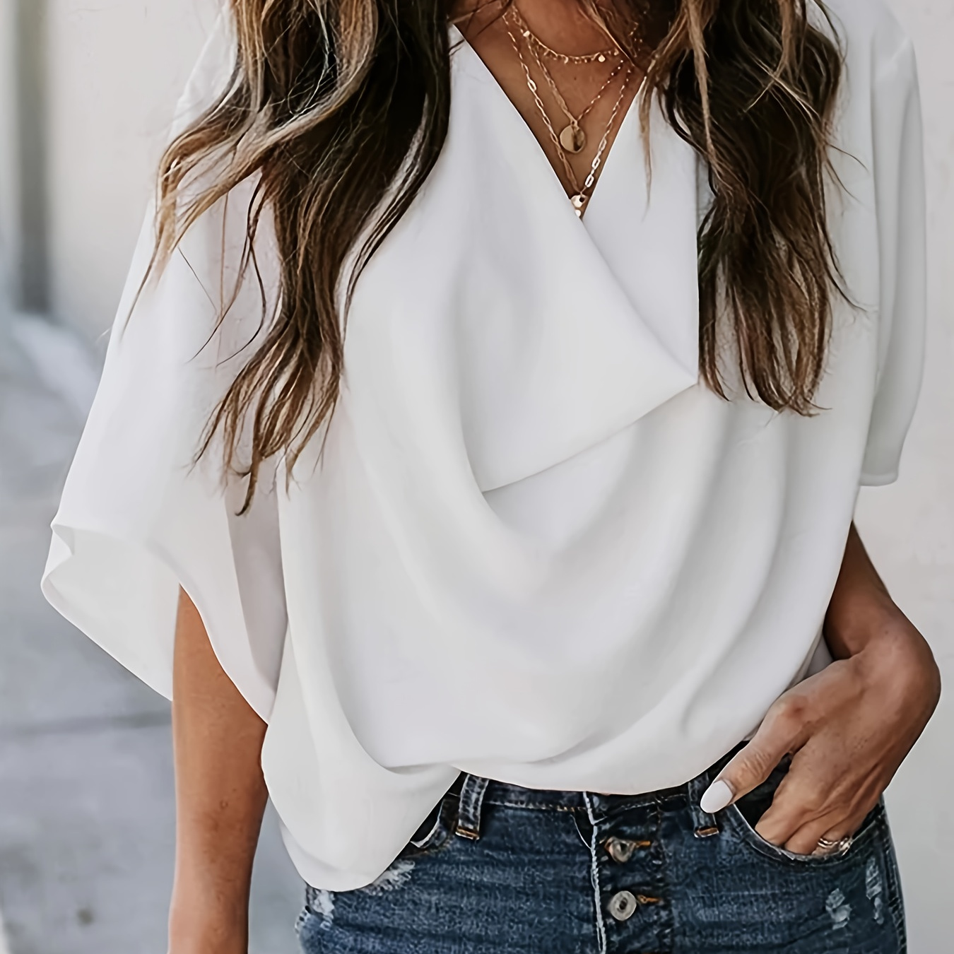 

Women's Asymmetrical Draped V-neck Short Sleeve Blouse, Casual Style Solid Color Polyester Top With Collarless Design - All Season Elegant Woven Shirt