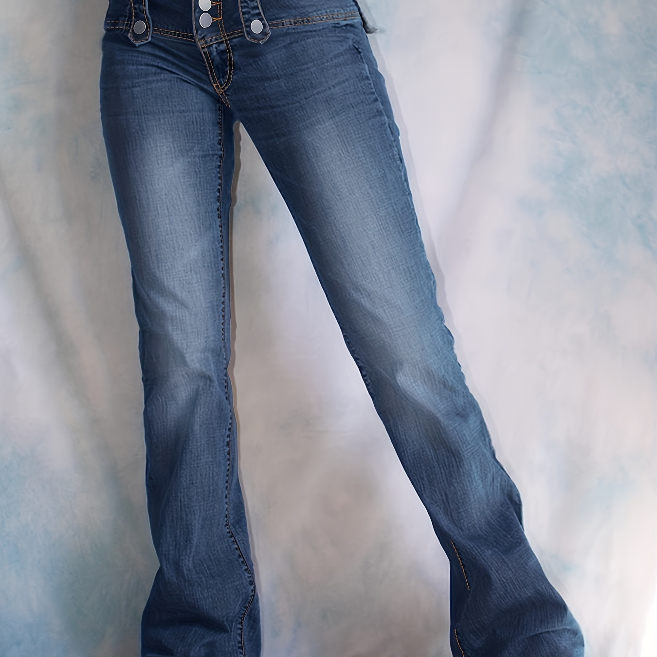 

Blue Single-breasted Button Flared Jeans, High Waist Bell Bottom High Rise Denim Pants, Women's Denim Jeans & Clothing