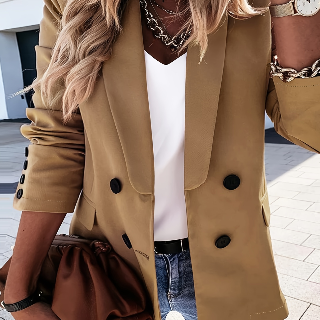 Plus Size Casual Blazer, Women's Plus Solid Double Breast Button Lapel Collar Long Sleeve Flap Detail Slim Fit Blazer