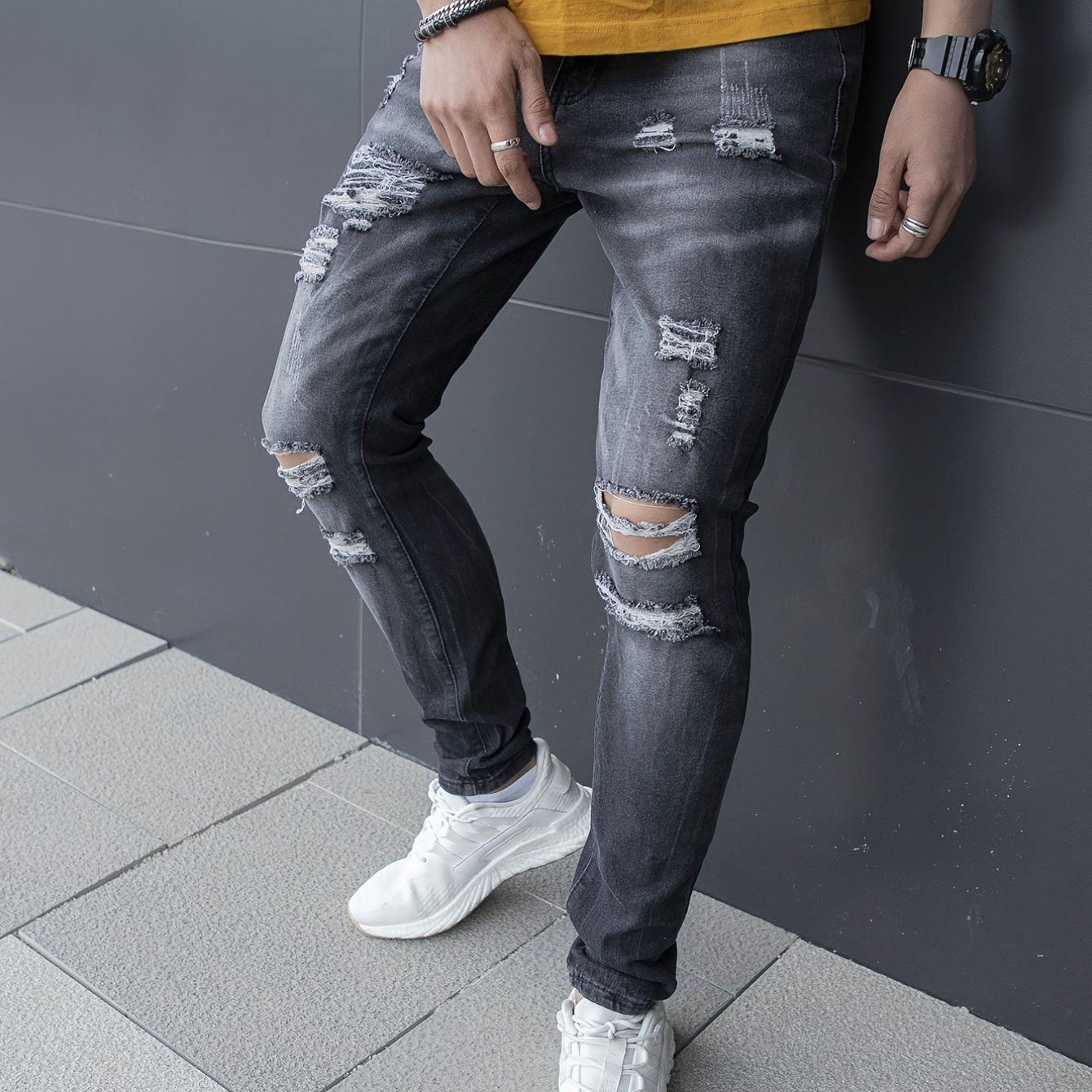 Men's Stylish Black Ripped Denim Jeans - Clothing, Shoes & Jewelry - Temu