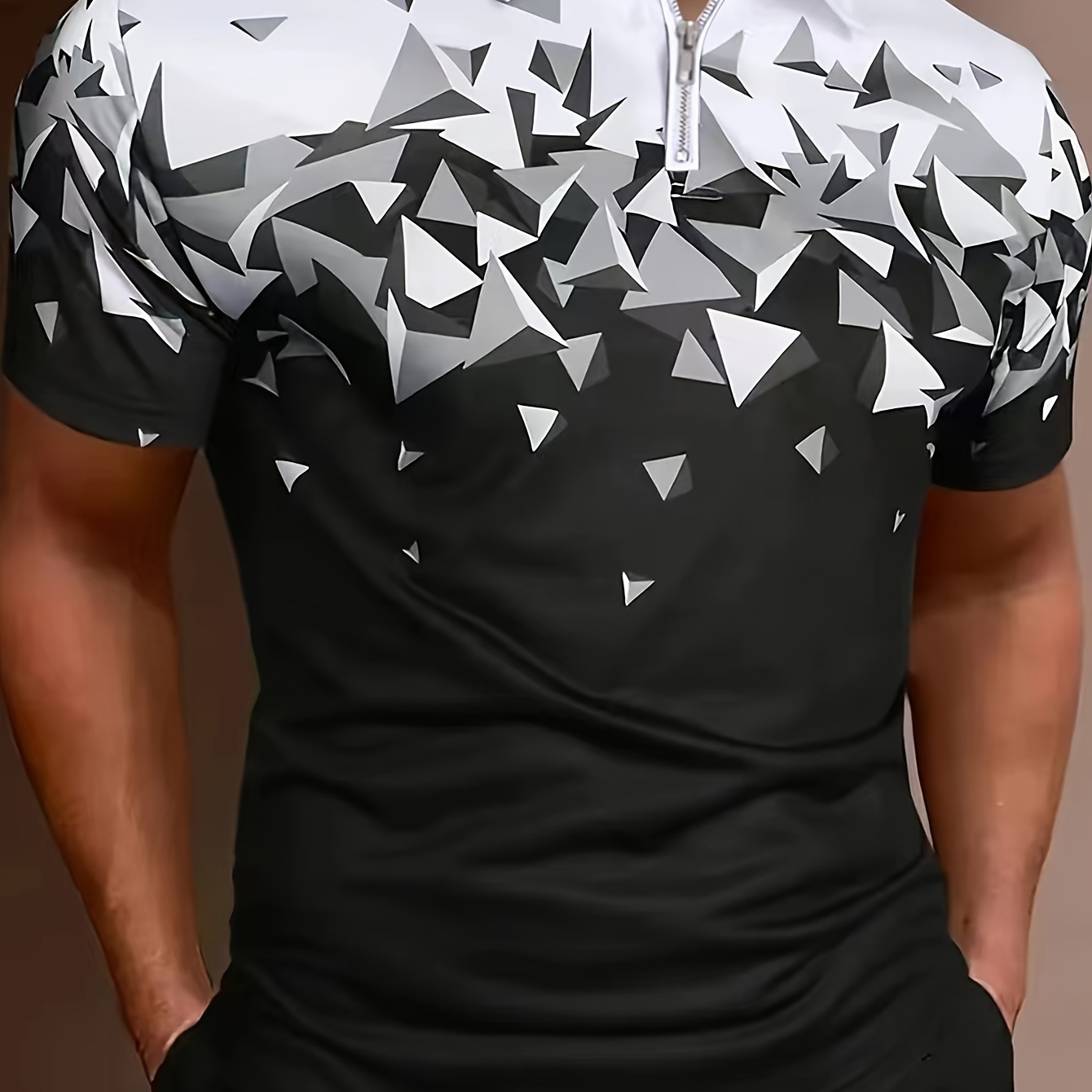 

Men's Geometric Graphic Print Golf Shirt, Casual Half Zipper Lapel Short Sleeve Shirt For Outdoor