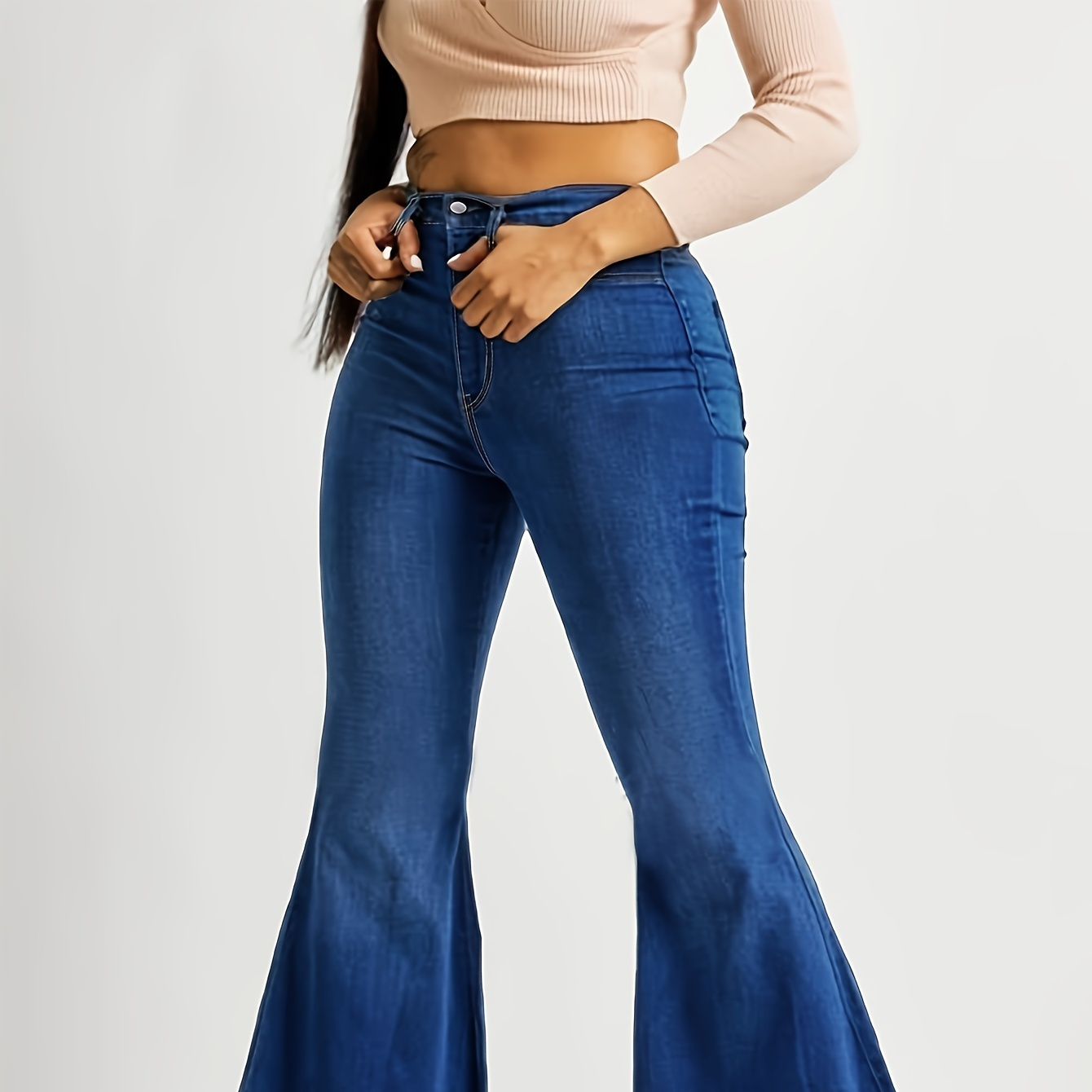 

Y2k Style Viscose Flare Leg Jeans, Casual Long Pants With Zipper Fly, Solid Color Washed Denim, , Woven Fabric, 300g/m² - Weekend Casual Wear