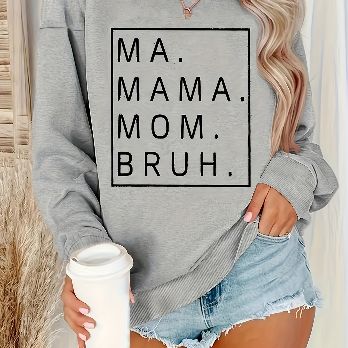 

Mama Mom Bruh Print Sweatshirt, Casual Long Sleeve Crew Neck Sweatshirt, Women's Clothing