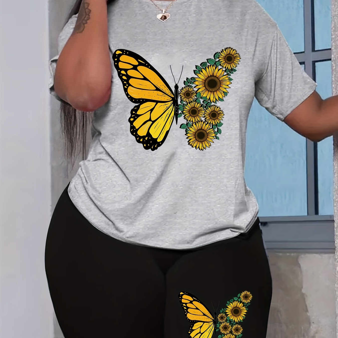 

Butterfly & Sunflower Print Matching Two-piece Set, Casual Short Sleeve T-shirt & Biker Shorts Outfits, Women's Clothing