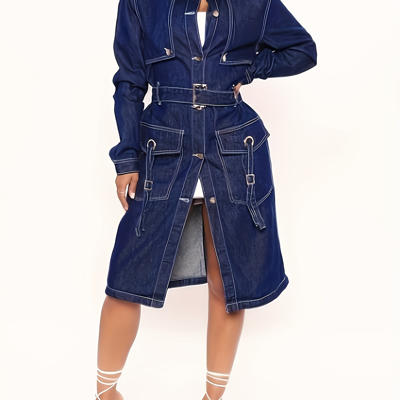 

Casualvista Women's Classic Long Denim Trench Coat Long Sleeve Button-up Denim Jacket Trench Coat With Belt