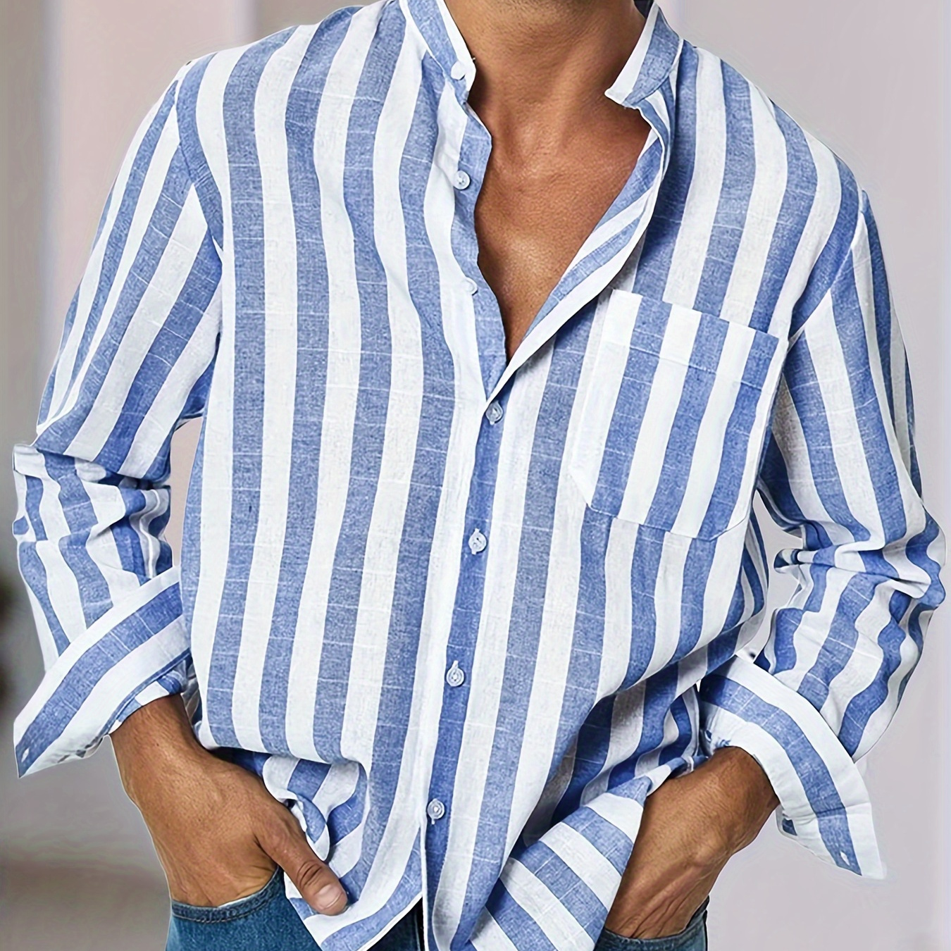 

Men's Casual Comfy Striped Long Sleeve Lapel Shirt, Chic Button Up Chest Pocket Shirt