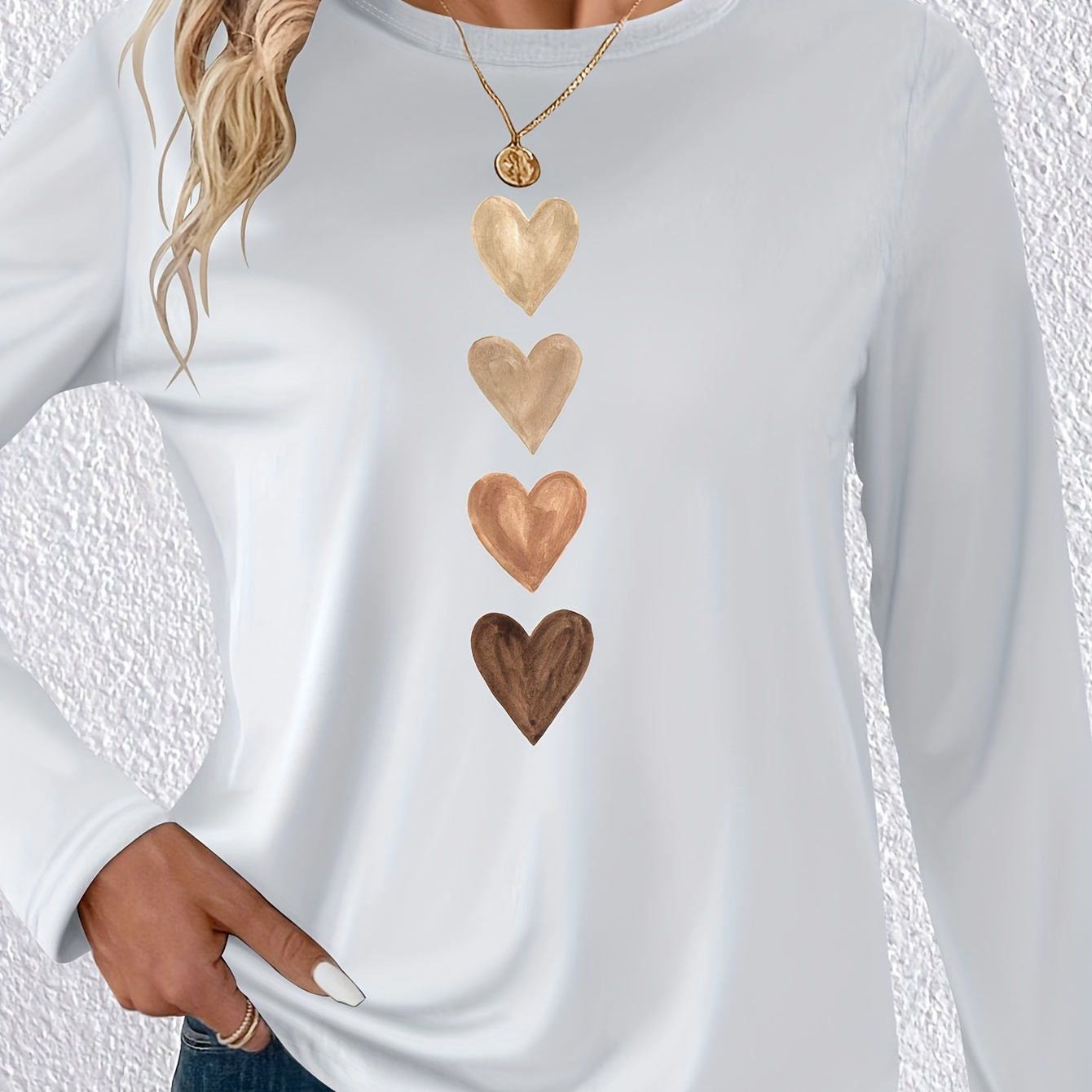 

Women's Casual Crew Neck Long Sleeve T-shirt With Heart Applique Design, 100% Polyester Knit Fabric, Medium Stretch, Regular Fit Pullover For Spring/fall