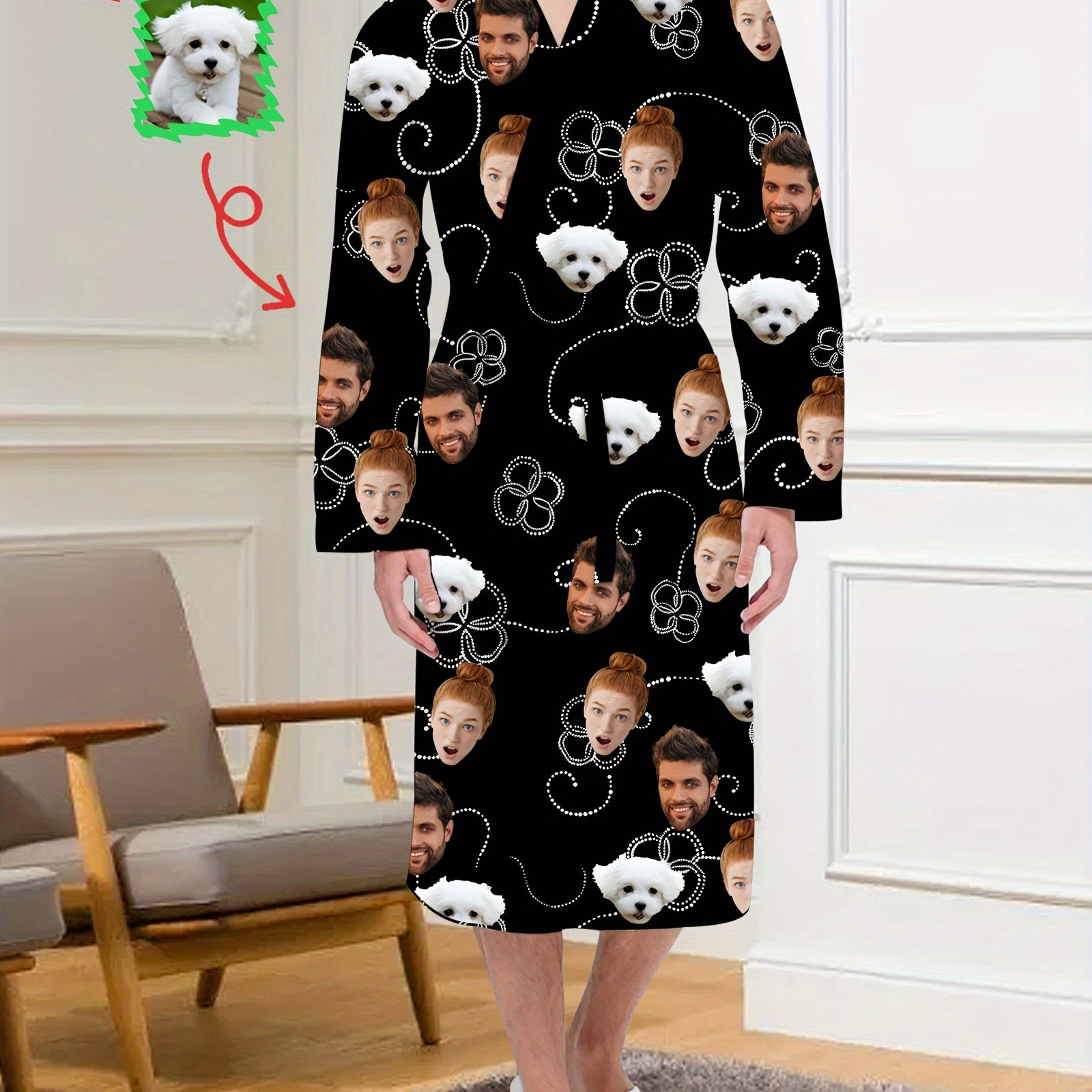 

Men's Customizable Print Robe With Belt - Cozy Polyester & Spandex , V-neck, Machine Washable, & Christmas Party Gift