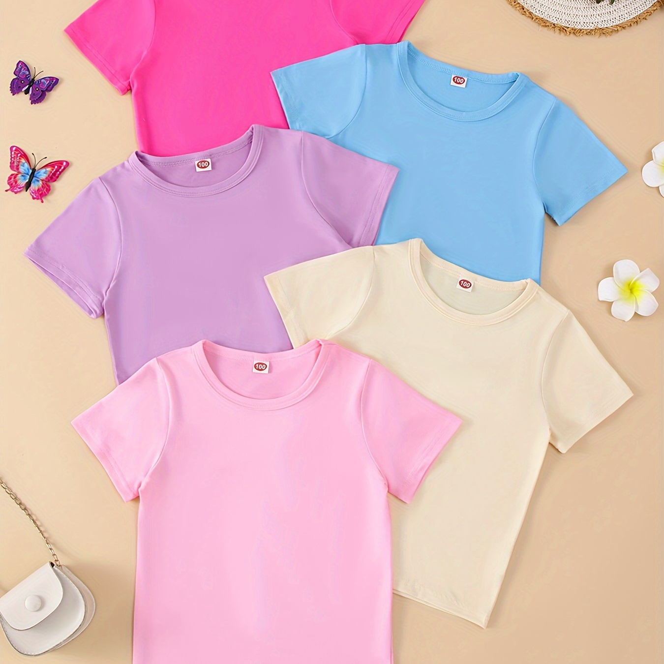 

Girls 5-piece Solid Colored Tees For Summer, Girls Casual & Comfy Clothes