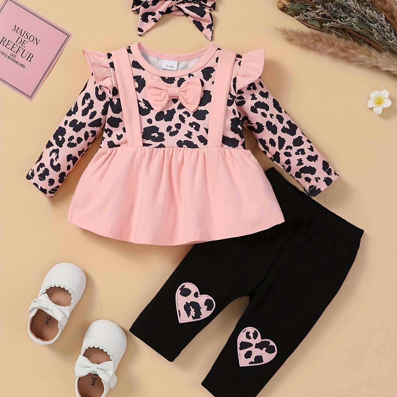 

3pcs Baby Girls Trendy Ruffle Leopard Print Fake Two-piece Top + Cotton Trousers + Bandana, Kids Cute Outfits Set