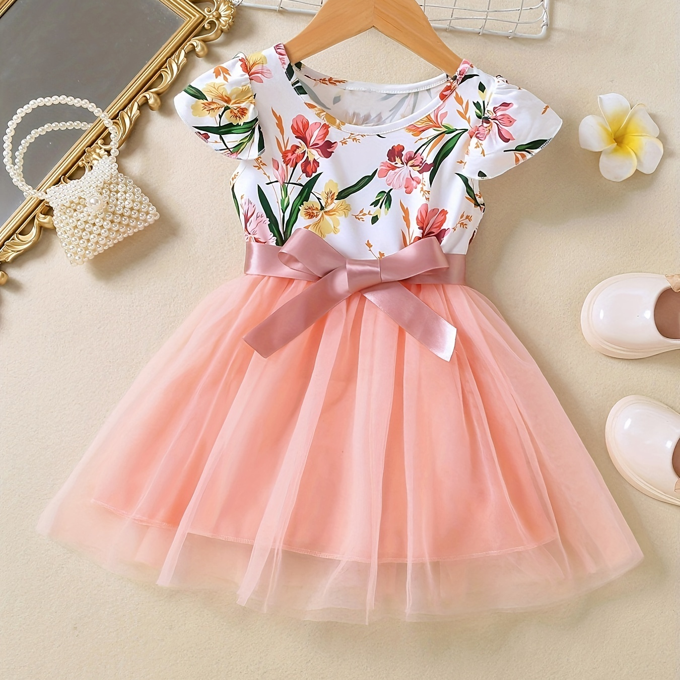 

Girls Ruffled Sleeves Crew Neck Bow Floral Tulle Tutu Splicing Princess Dress Kids Summer Clothes