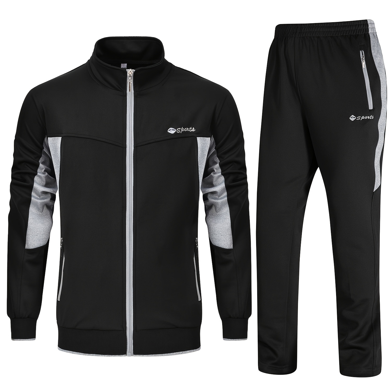 

Men's 2pcs Athletic Tracksuit Set, Polyester & Spandex , Crew Neck, Long Sleeve Zip-up Jacket And Joggers, Patchwork Design, Knit Fabric, Regular Fit, With No Belt For Running & Workout, All- Suit