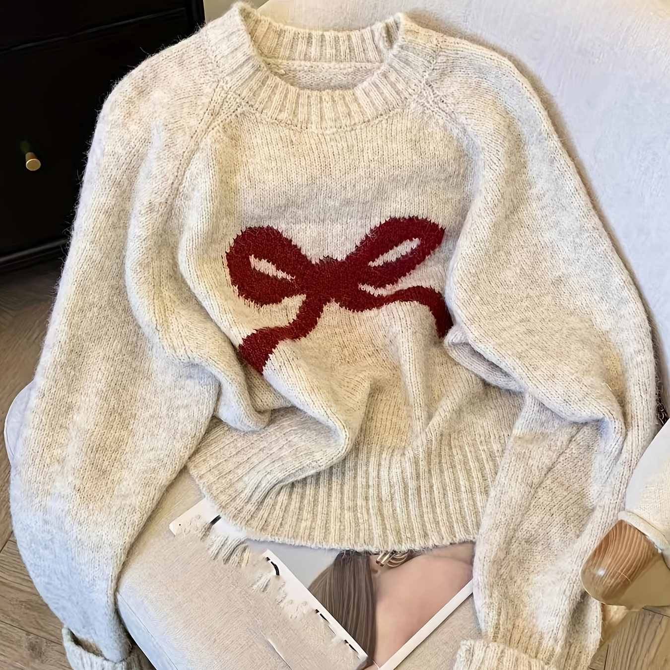 

Women's Casual Crew Neck Long Sleeve Sweater, Polyester 100% Knit Fabric, Geometric Pattern With Color Bow, Loose Fit, Medium Stretch, 300g/m², Fall/