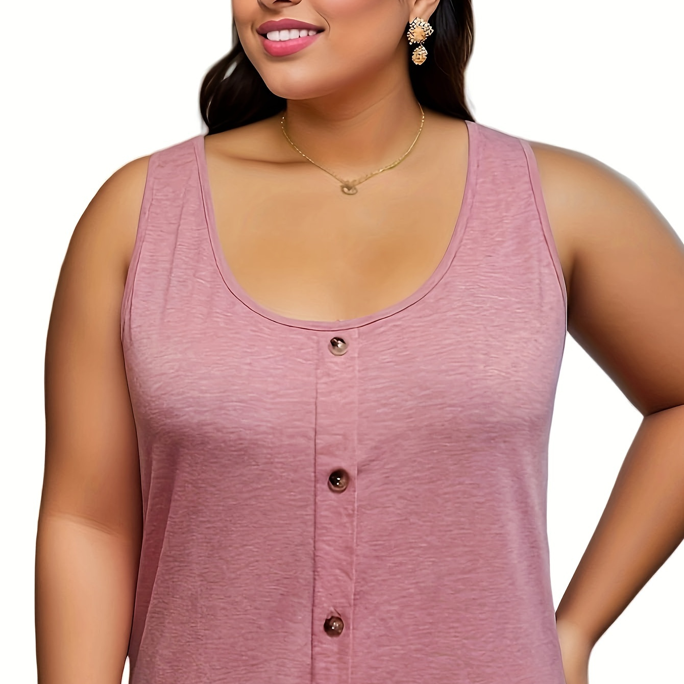 Plus Size Casual Tank Top, Women's Plus Solid Button Decor Round Neck Medium Stretch Tank Top