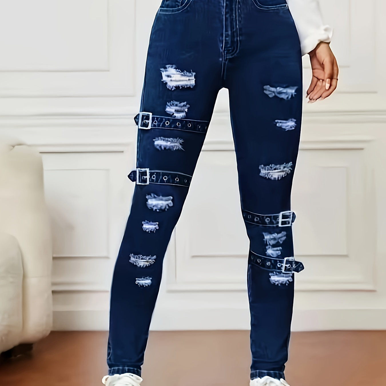 

Pantalon en Denim Bleu Déchiré Style Casual avec Fermeture Éclair et Boutons, Jeans et Vêtements en Denim pour Femmes, Jeans Grande Taille