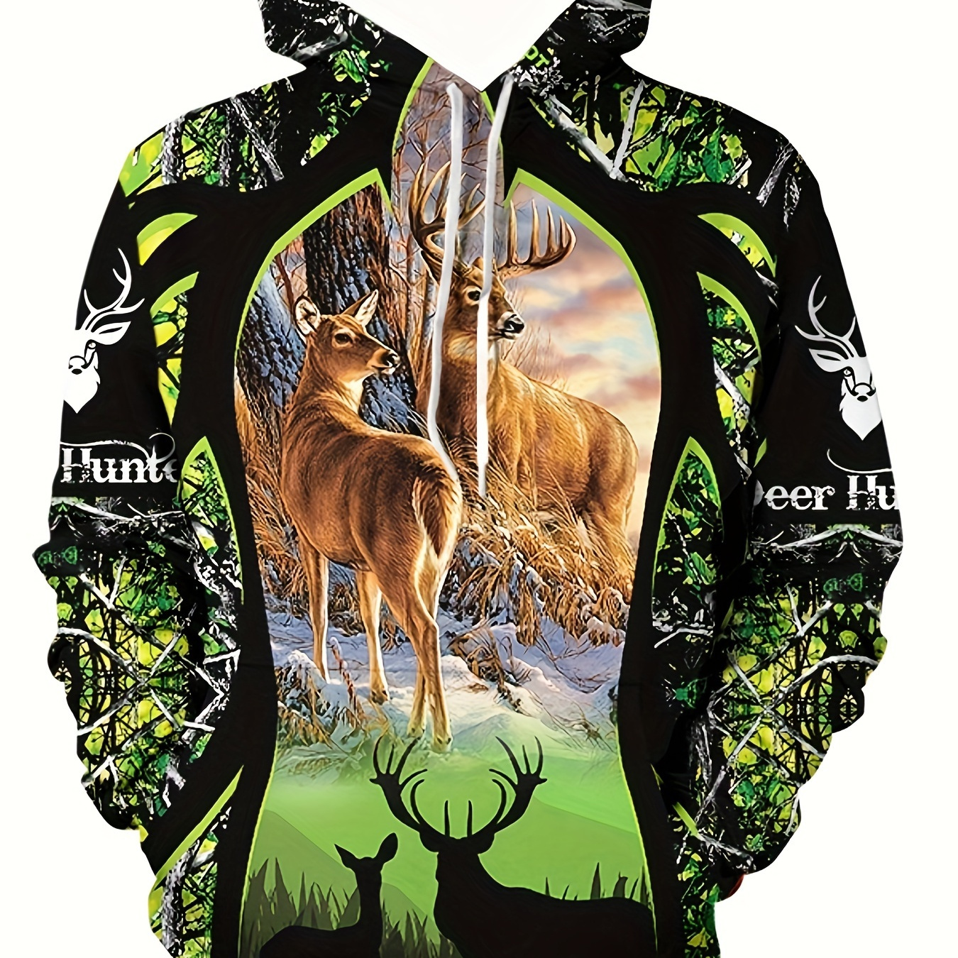 

Deer 3d Print Fashion Graphic Men's Long Sleeve Hooded Sweatshirt, Men's Autumn And Winter Pullover Hoodie With Drawstring And Pocket