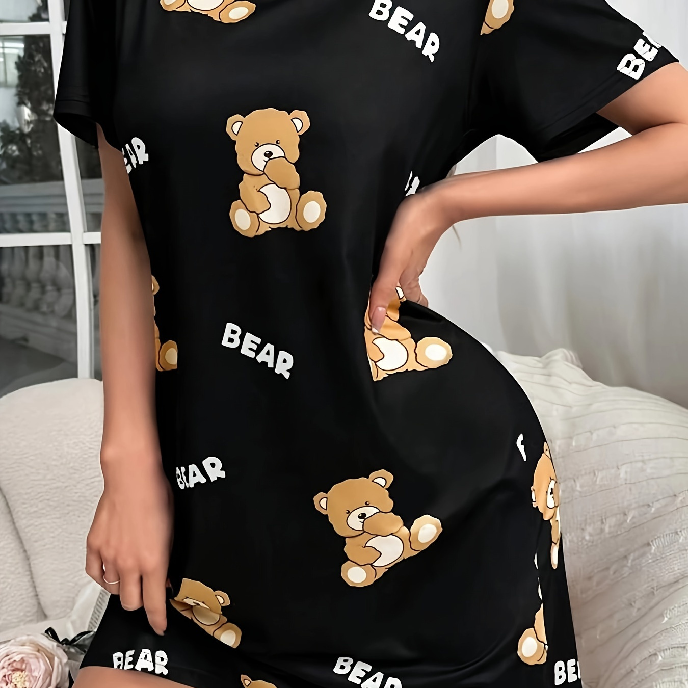 

Women's Cute Bear & Letter Print Sleepwear Dress, Short Sleeve Round Neck Tee Dress, Comfortable Nightgown