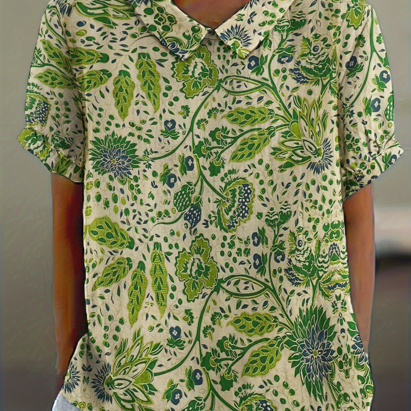 

Blouse courte manches courtes à col chemisier imprimé feuille verte fleurie pour femme - 100% Polyester Taille régulière Haut tissé printemps/été