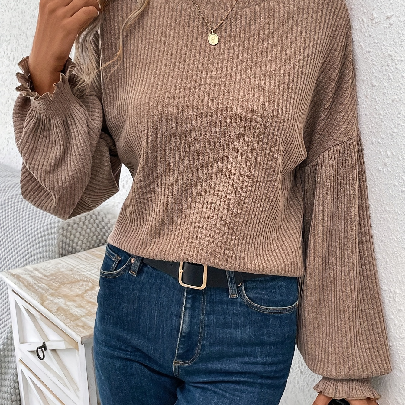 

Elegant Women's Brown Ribbed Knit T-shirt - Chic Long Sleeve, Round Neck Top With Lettuce Trim Detail, Polyester & Spandex , Spring/fall