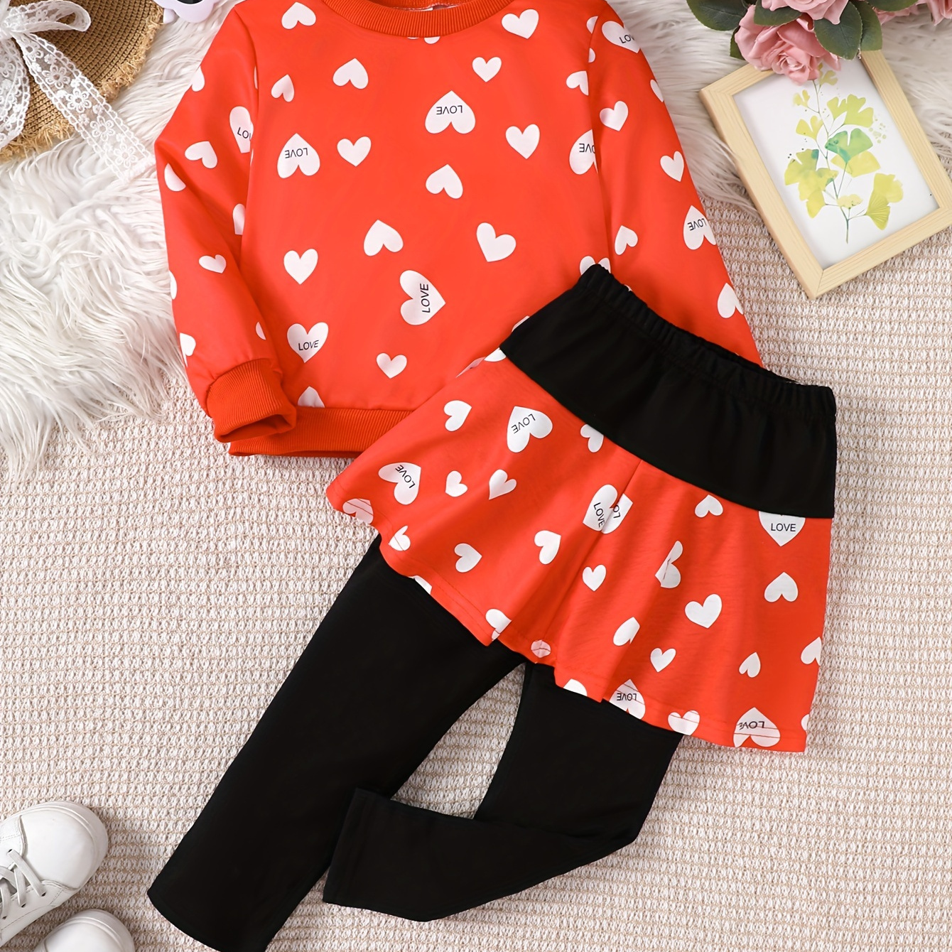 

Cute Girl's Sweatshirt + Skirted Pants Set, Hearts Full Print 2pcs Spring/fall Girl's Clothes, Suitable For Leisure, Sports And Vacation