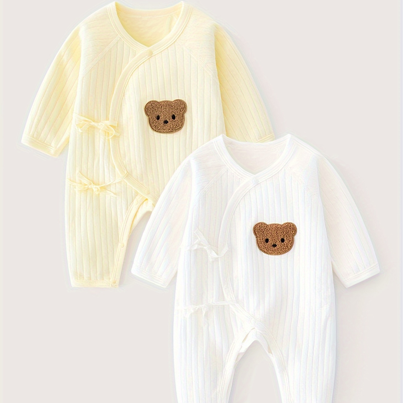 

Teeuiear 100% Cotton Baby Rompers Set Of 2 - Cute Bear Patch, Solid Color Knit Fabric, Fall/winter Loose Fit Long-sleeve Jumpsuits With Drawstring Details For Infants