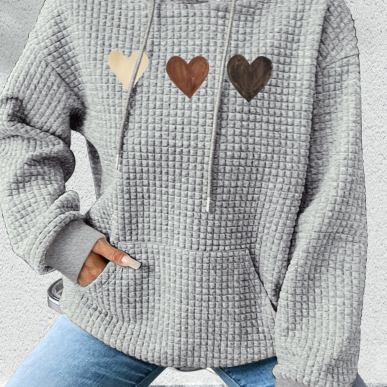 

Sweatshirt à capuche casual pour femme avec impression de motif cœur, tissu tricoté waffle, polyester, collection automne/hiver, capuche avec cordon de serrage, détail brodé