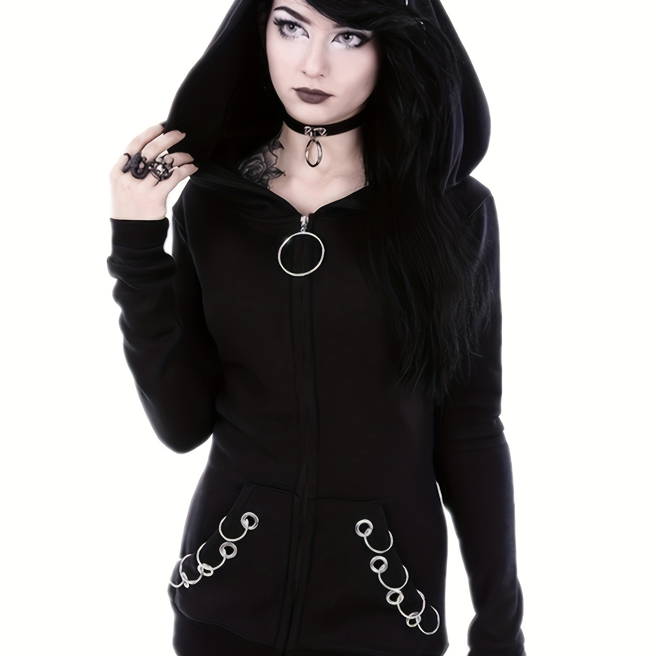 Loose Gothic Punk Long Sleeve Hooded Black Sweatshirt, Solid Fashion ...