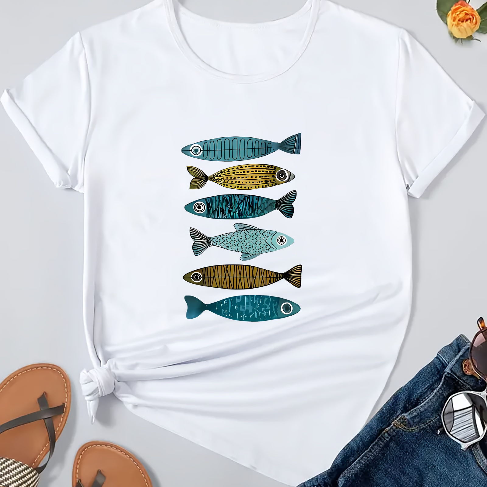 

T-shirt à col rond Y2K pour femmes, haut décontracté à manches courtes avec motif poisson géométrique, tissu tricoté 95% polyester 5% spandex, coupe confort pour toutes les - 190gsm