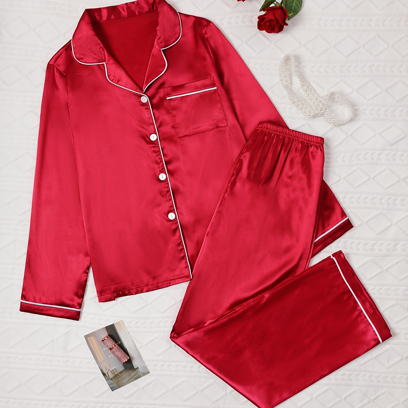 

Satin Pajama Set For Adults - Solid Color Red With Lapel Collar And Pocket Detail, Polyester Blend (97% Polyester, 3% Elastane), Mature Style, Woven, Winter Season Comfort - Elegant Sleepwear