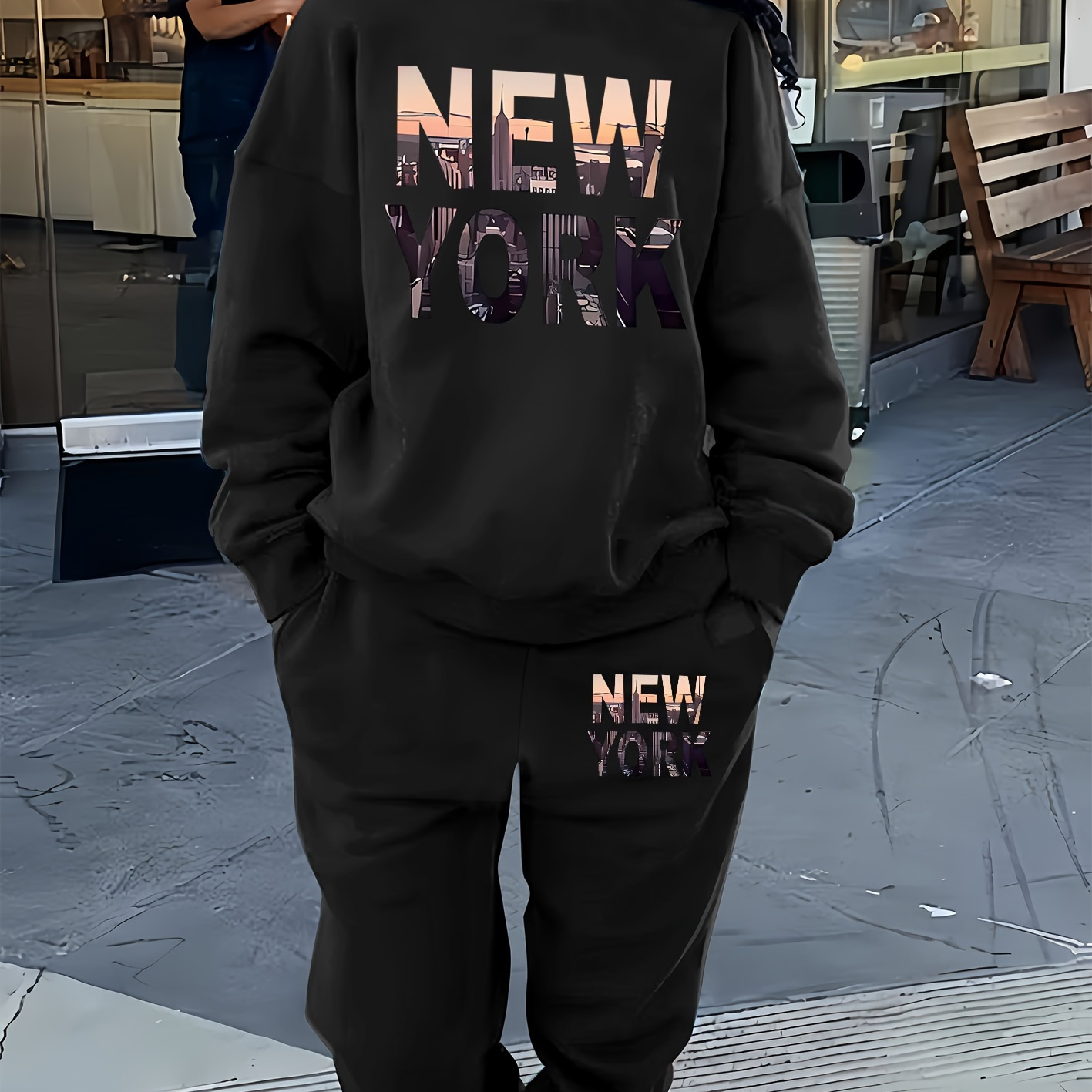 

New York Print 2 Piece Set, Crew Neck Sweatshirt & Pants Outfits For Fall & Winter, Women's Clothing