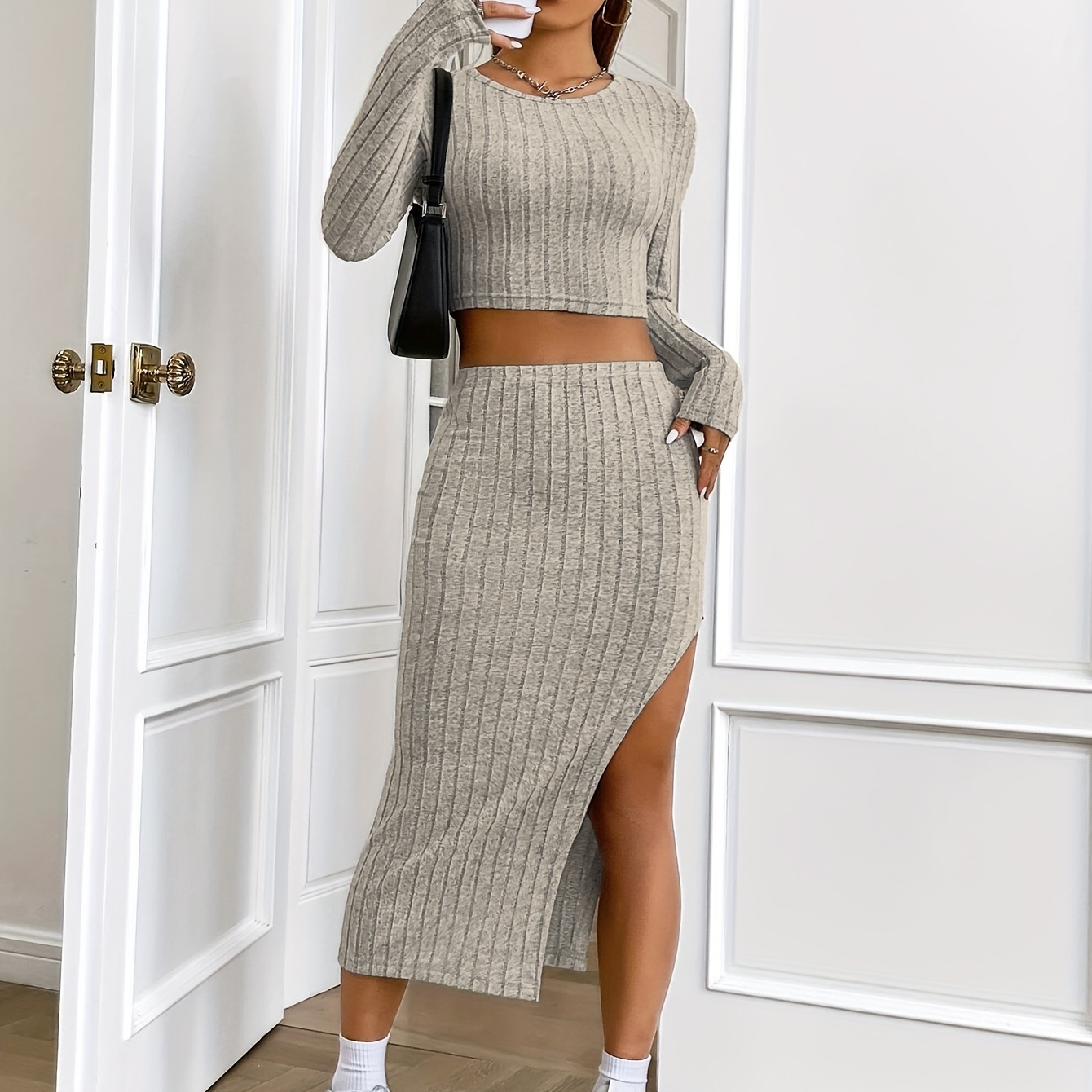 

Solid Ribbed Casual Skirt Set, Crew Neck Long Sleeve Crop Top & High Waist Split Thigh Asymmetric Bodycon Skirt Outfits, Women's Clothing
